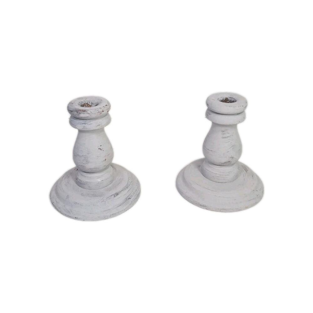 Primitive 5" Wood Gray Candlesticks Set of 2 Rustic Farmhouse Decor Distressed